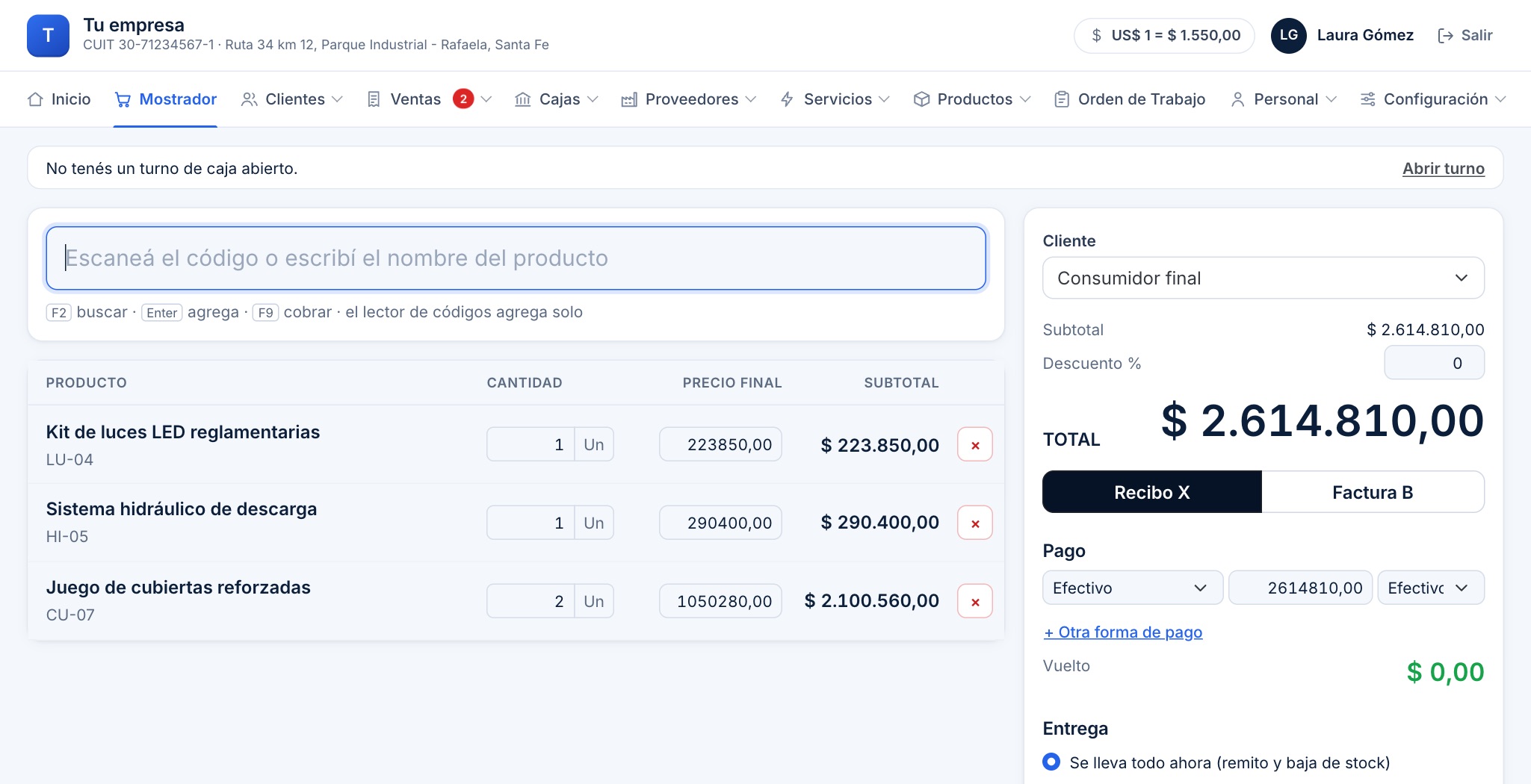 Mostrador de Vertio con productos y cobro