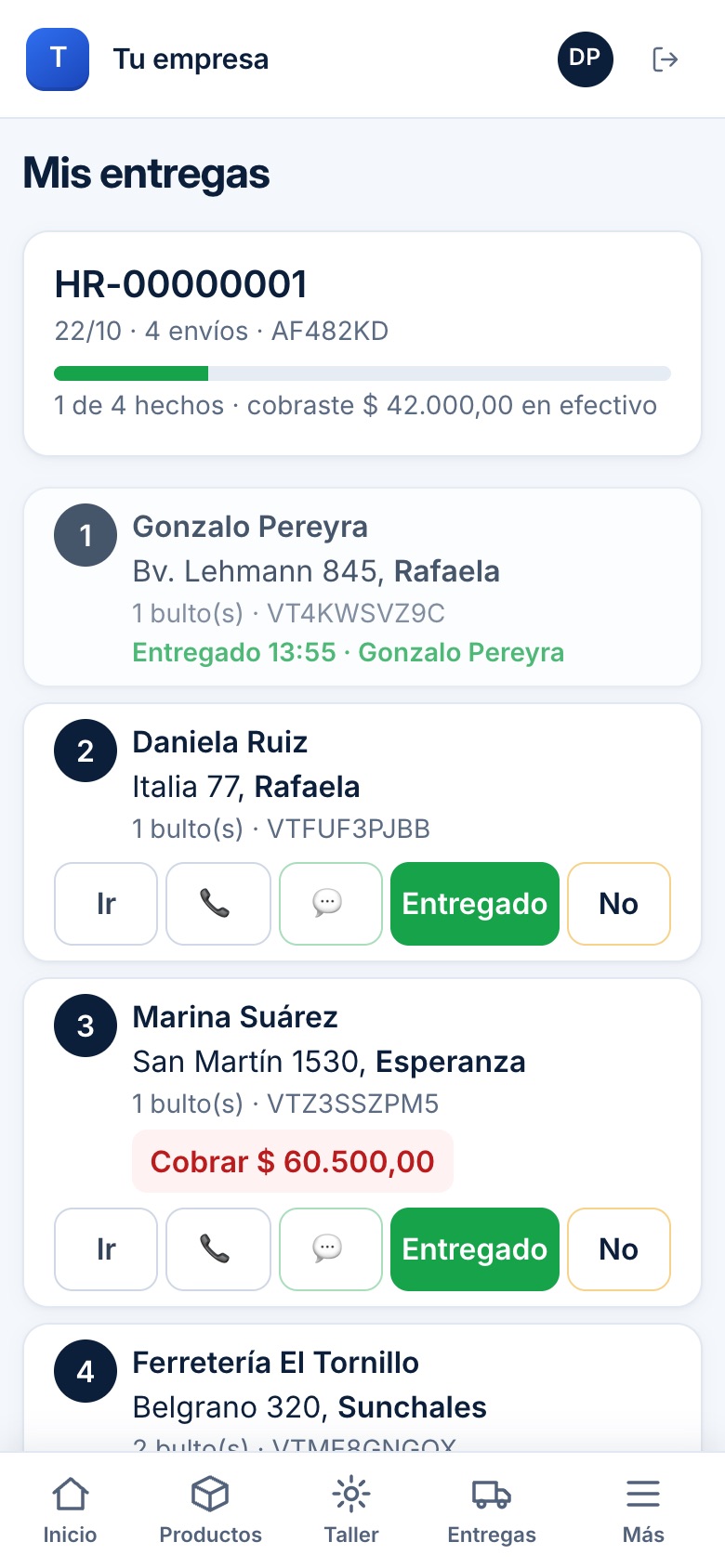 El chofer entrega en el celular